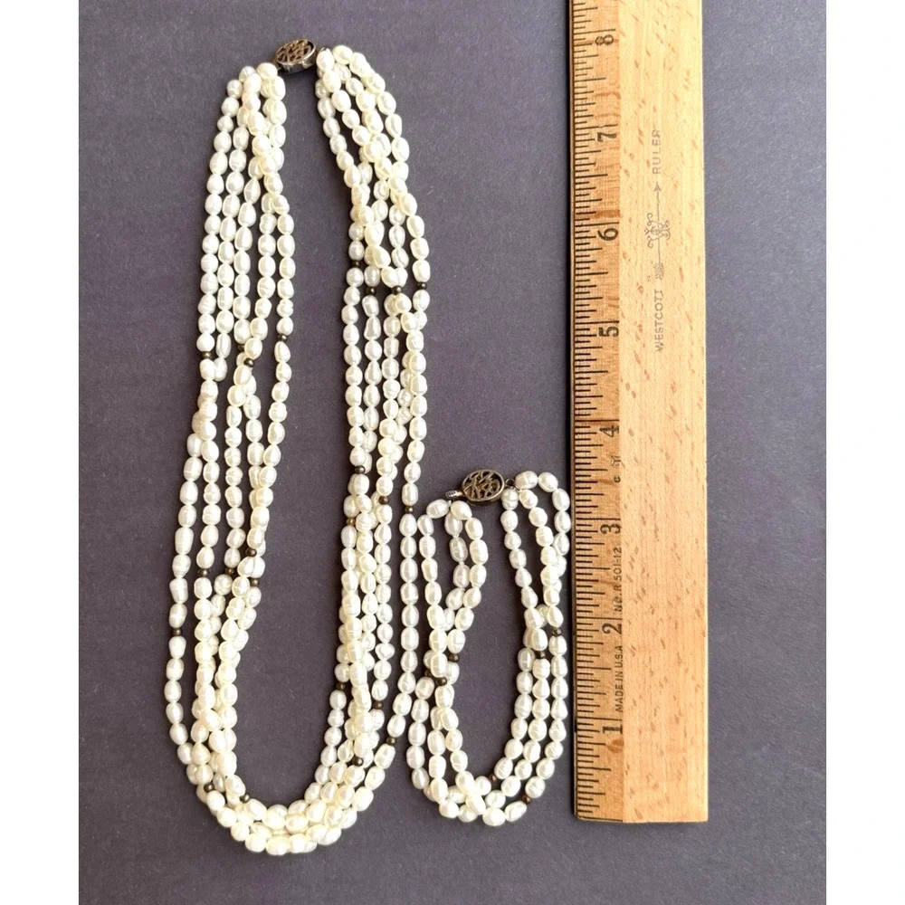 Vintage Faux White Pearl Gold Accent Jewelry Set 5 Strand Necklace‎ & Bracelet